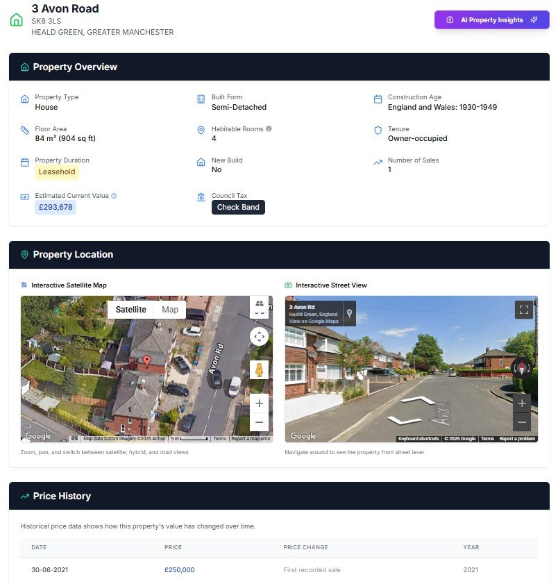 Sample Property Report - Comprehensive property insights including price trends, safety ratings, and neighborhood analytics